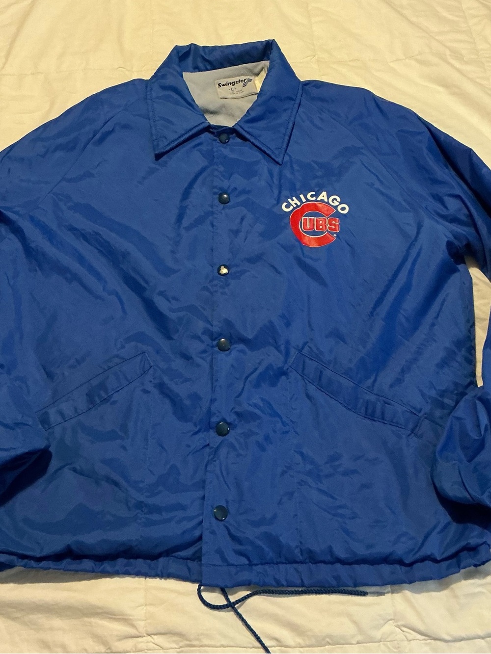 Swingster Vintage Chicago Cubs Jacket Large Windbreaker Made in USA Blue Snap